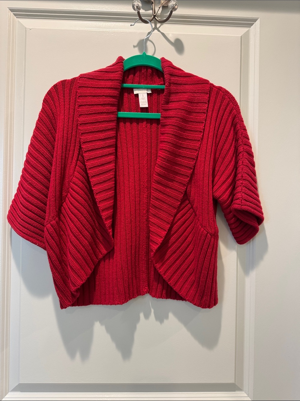 Chico's Bright Red Ribbed Open-Front Short-Sleeve Cardigan